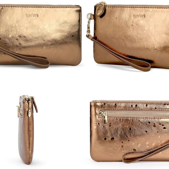 Women's Genuine Italian Leather Wristlet Clutch Wallet Purse, Gold Zipper - Picture 5 of 5